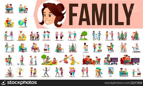 Family Set Vector. Lifestyle Situations. Spending Time Together At Home, Outdoor. Isolated Cartoon Illustration. Family Set Vector. Family Members Spending Time Together At Home, Outdoor. Father, Mother, Son, Daughter, Grandmother, Grandfather. Lifestyle Situations. Cartoon Illustration