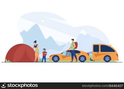 Family setting up c&in mountains. Tourists with kid near tent and car flat vector illustration. Vacation, family travel, adventure concept for banner, website design or landing web page