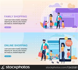 Family Shopping at City Mall and in Online Market Landing Page with Title and Editable Text. Big Sale and Great Discount Offer at Food Store for Parents and Children. Vector Cartoon Flat Illustration. Family Shopping at Mall and Online Landing Page