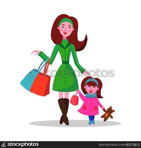 Family shopping cartoon concept isolated on white background. Young red-haired woman make purchases with child flat vector illustration. Mother buying gifts on winter holiday sale with little daughter. Family Shopping Cartoon Flat Vector Concept
