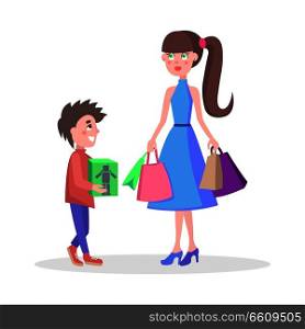 Family shopping cartoon concept isolated on white background. Beautiful woman make purchases with child flat vector illustration. Mother buying gifts on winter holiday sale with teenager son