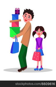 Family shopping cartoon concept isolated on white background. Happy young man make purchases with child flat vector illustration. Father buying gifts on seasonal holiday sale with teenage daughter