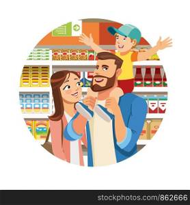 Family Shopping Cartoon Vector Icon with Happy Father, Mother and Little Son Standing Between Food Products Shelves in Grocery or Supermarket Isolated on White Background. Parents Making Purchases