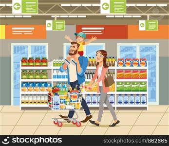Family Shopping Cartoon Vector Illustration with Father, Mother and Child Walking with Shopping Cart Full of Goods near Shelves with Food in Supermarket. Parents with Son Buying Groceries Concept