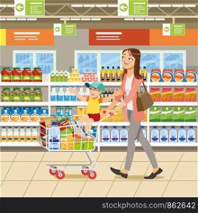 Family Shopping Cartoon Vector Illustration with Woman Riding Boy on Shopping Cart Full of Groceries near Shelves with Food Products in Supermarket. Mother with Child Making Purchases in Grocery Store