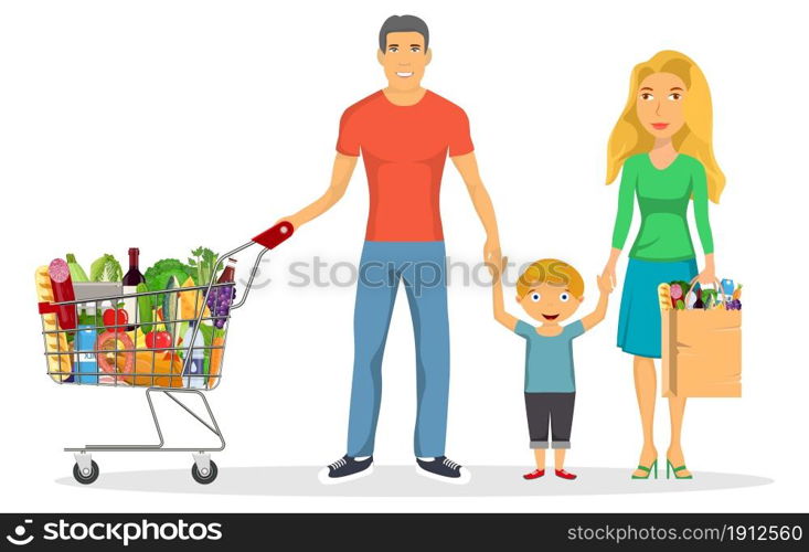 family shopping characters set, shopping, isolated on white. Group people. mall shopping, on-line shopping, healthy eating, family with food from the supermarket. Vector illustration in flat style. family shopping characters set,