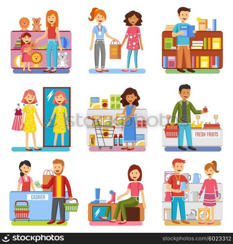 Family Shopping Concept Flat PIctograms Collection. Family shopping in department store for shoes toys and clothes and food flat pictograms collection isolated vector illustrations