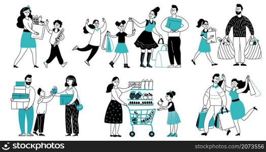 Family shopping. Consumer buy in supermarket, people running to shop. Women consume, shopper with cart buying decent goods vector characters. Illustration people family in supermarket. Family shopping. Consumer buy in supermarket, people running to shop. Women consume, shopper with cart buying decent goods vector characters