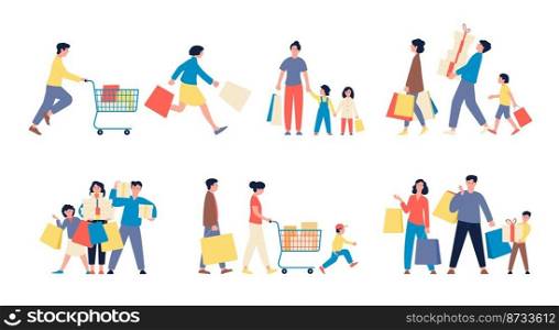 Family shopping. Consumers parents with kids holding shop bags and boxes with gift. Supermarket and boutuque fun customers, cartoon vector characters. Illustration of family consumer in supermarket. Family shopping. Consumers parents with kids holding shop bags and boxes with gift. Supermarket and boutuque fun customers, cartoon flat recent vector characters