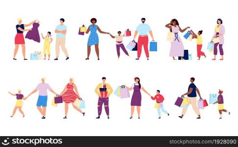 Family shopping. Fashion store, people clothes buy. Boutique customer, happy friends in shop. Retail, woman man hold utter bags vector characters. Illustration of family shopper with purchase. Family shopping. Fashion store, people clothes buy. Boutique customer, happy friends in shop. Retail, woman man hold utter bags vector characters