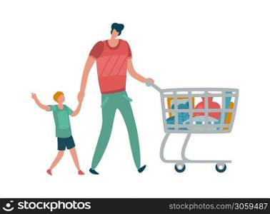 Family shopping. Father and son shopper together, man with trolley and boy holding cart in supermarket or mall. Modern cartoon flat vector isolated illustration. Family shopping. Father and son shopper, man with trolley and boy holding cart in supermarket or mall. Cartoon flat vector isolated illustration