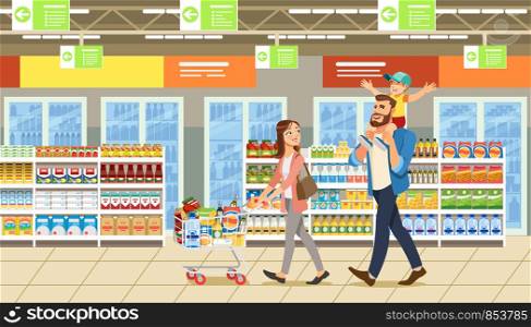 Family shopping in supermarket with product cart. Father holding son on his shoulders. Fun lifestyle of cartoon characters in mall. Vector illuctration of parents and child at shop.