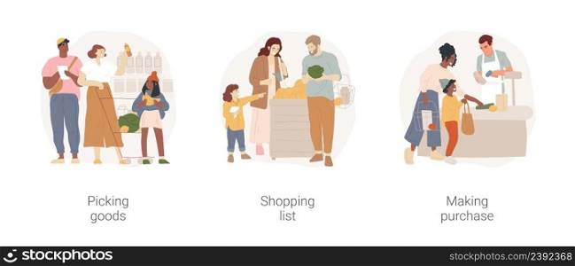 Family shopping isolated cartoon vector illustration set. Picking goods, shopping list, making purchase, diverse parents and children in supermarket, buy grocery, register belt vector cartoon.. Family shopping isolated cartoon vector illustration set.
