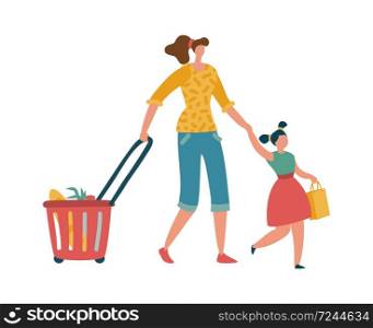 Family shopping. Mother and daughter shopper, woman with trolley and girl holding package in her hand in supermarket or mall. Modern cartoon flat vector isolated illustration. Family shopping. Mother and daughter shopper, woman with trolley and girl holding package in her hand in supermarket or mall. Cartoon flat vector illustration