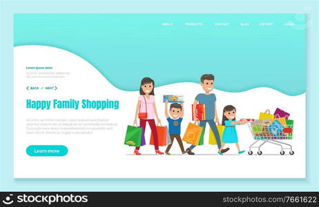 Family shopping, mother and father with bags, son carries box and daughter pushes cart or trolley, landing web page vector. Purchases and gifts, holiday sale. Parents and children in mall illustration. Shopping Landing Web Page, Family with Shop Bags