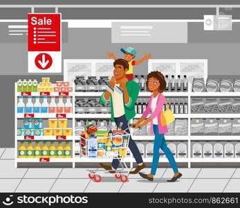 Family Shopping on Supermarket Sale Cartoon Vector Illustration with Arfrican-American Father, Mother and Boy Pushing Shopping Cart near Shelves with Groceries in Supermarket. Best Offer on Market