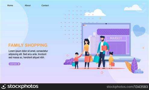 Family Shopping Online Lettering Landing Page. Parent and Children Carrying Bags with Goods or Gifts ahead Huge Computer Monitor. Market Facade and City Skyscraper on Screen. Vector Flat Illustration. Family Shopping Online Lettering Landing Page
