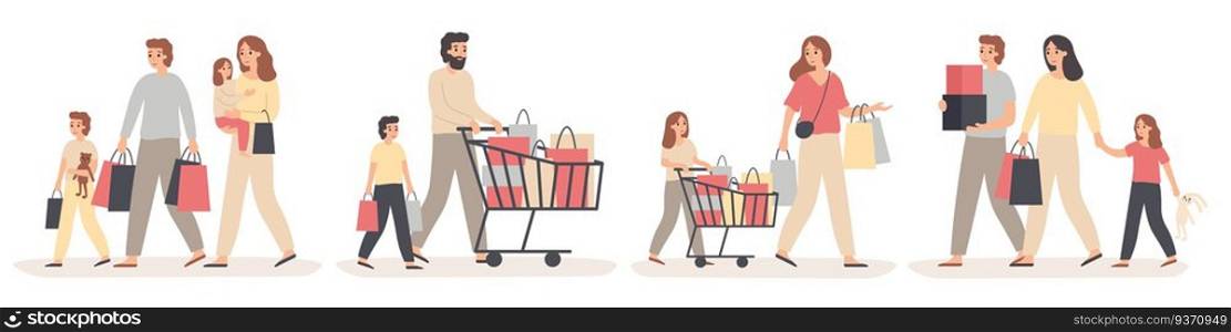 Family shopping. Parents buy gifts for happy kids, young couple with children in store and family sale. Character with purchase bag, family food purchasing. Isolated vector illustration icons set. Family shopping. Parents buy gifts for happy kids, young couple with children in store and family sale vector illustration set