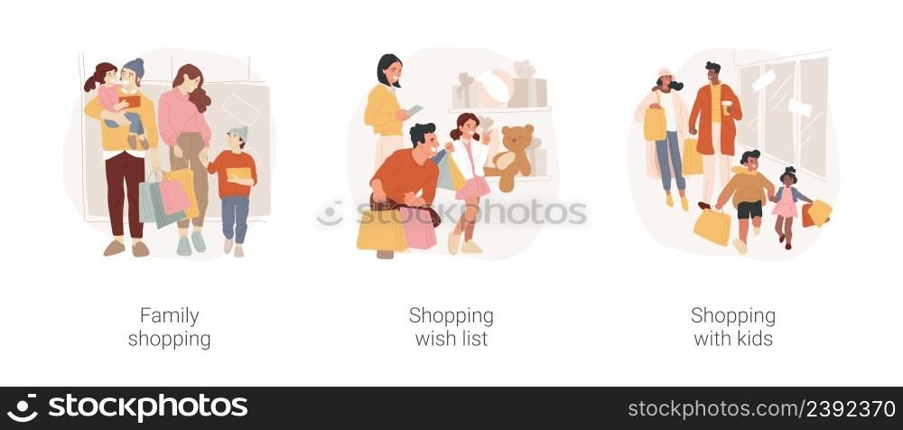 Family shopping time isolated cartoon vector illustration set. Family shopping, wish list, make purchases with kids, shopping center, buying gifts, happy customers, shopaholic vector cartoon.. Family shopping time isolated cartoon vector illustration set.