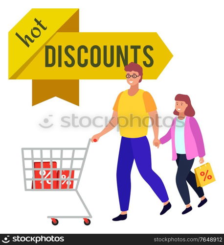 Family shopping using discounts and special promotions from shops. Banner made of stripe and text. Father and kid with shopping trolley loaded with bags and purchase bought on sale. Vector in flat. Hot Discounts Promotional Banner Dad and Child