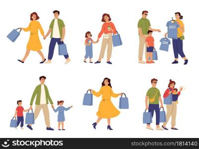 Family shopping. Woman food bag, couple running to shop. Mom carry bags, parents buying clothes to kids. Customers in mall vector character. Female and male, person buyer do shopping illustration. Family shopping. Woman food bag, couple running to shop. Mom carry bags, parents buying clothes to kids. Customers in mall vector characters