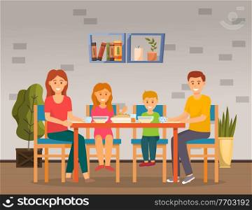 Family sits in dining room and has lunch or breakfast. Smiling mom, dad, son and daughter. Plates on the table, potted plants, shelf on the wall. Modern happy family at home. Meal time. Flat image. Family meal time. Dad, mom and kids at the table in modern dining room. Home cozy interior