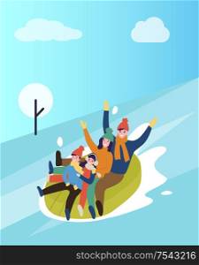 Family sitting in rubber tube going downhill winter fun vector. People sloping, leisure of mother and father, winter park trees in snow wintertime flat style. Family Sitting Rubber Tube Going Downhill Winter