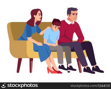 Family sitting on couch semi flat RGB color vector illustration. Parents and child. Parenting problems. School student in trouble. Therapy session. Isolated cartoon character on white background