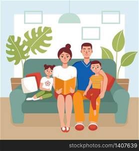 Family sitting on the couch and reading a book. Mom,dad,son and daughter stayed at home.Concept of quarantine, coronavirus prevention, isolation, love books, home activity.Flat vector illustration.