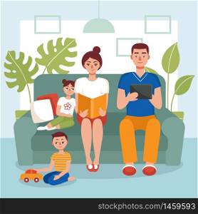 Family sitting on the couch and reading a book. Mom,dad,son and daughter stayed at home.Concept of quarantine, coronavirus prevention, isolation, love books, home activity.Flat vector illustration.