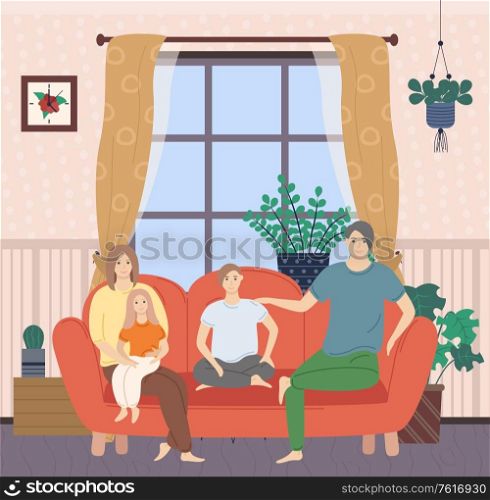 Family sitting together on sofa, mom holding daughter, son near dad, room decorated by houseplants, hanging plant, big window, interior of flat vector. Parents and Kids Sitting on Sofa in Room Vector
