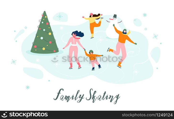 Family Skating Flat Vector Banner or Poster with Happy Parents with Children Wearing Skates and Having Fun on Ice Rink Illustration. Winter Holidays Vacation, Outdoor Activity, Christmas Celebrating