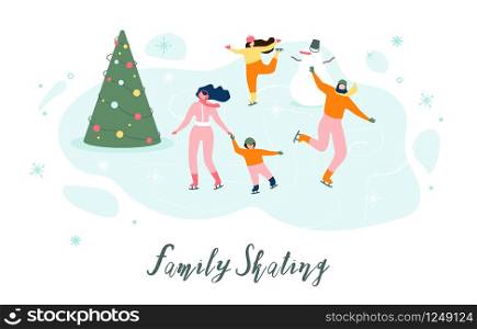 Family Skating Flat Vector Banner or Poster with Happy Parents with Children Wearing Skates and Having Fun on Ice Rink Illustration. Winter Holidays Vacation, Outdoor Activity, Christmas Celebrating
