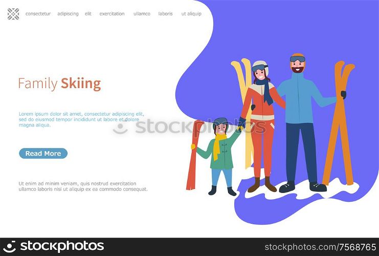 Family skiing activities in winter season web page with text sample vector. Vacation of kid and parents holding ski equipments, skiers on holidays. Family Skiing Activities in Winter Season Web Page