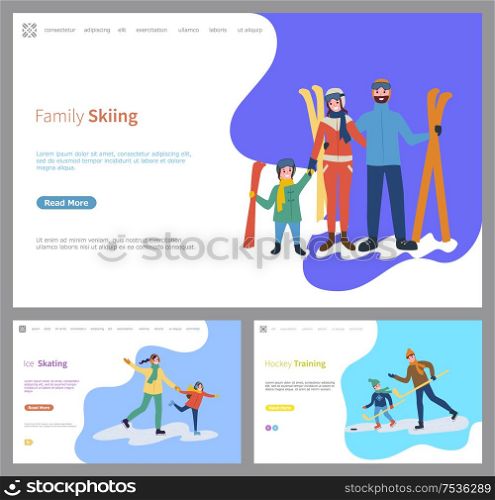 Family skiing and skating together, wintertime of people vector. Mother and father, daughter daddy with son hockey training with wooden sticks, game. Family Skiing and Skating Together Wintertime