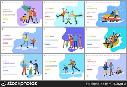 Family skiing, hockey training and snow angel vector. Christmas preparation and celebration, father carrying pine tree in hands, tubing and snowman. Family Skiing, Hockey Training and Snow Angel