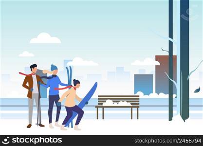 Family skiing in winter outdoors. Outdoors, parents, children, winter sports. New Year with family concept. Vector illustration can be used for presentation slide, postcard, project