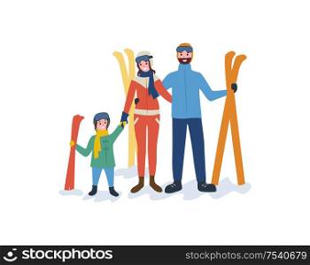 Family skiing, mother father parents and child vector. People leading active lifestyle, winter sport and hobby of kid holding moms hand, seasonal fun. Family Skiing, Mother Father Parents and Child
