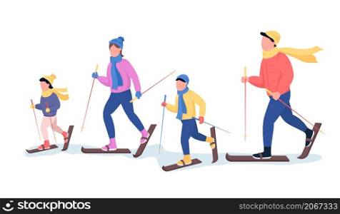 Family skiing semi flat color vector characters. Dynamic figures. Full body people on white. Winter recreation isolated modern cartoon style illustration for graphic design and animation. Family skiing semi flat color vector characters