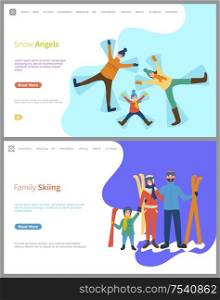 Family skiing, snow angels made by family members vector. People outdoors, lying in snow, father and mother with child, active lifestyle, sports games. Family Skiing, Snow Angels Made by Family Members
