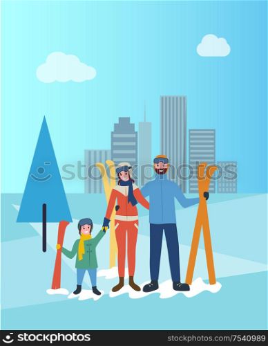 Family skiing together, father and mother with kid learning child vector. City park in winter, recreation and wintertime, people wearing warm clothes. Family Skiing Together, Father and Mother with Kid