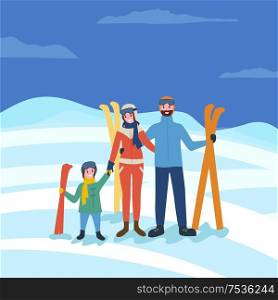 Family skiing, winter seasonal fun of parents and kid vector. Vacation of people with equipment for hobby, skiers in warm clothes to protect from cold. Family Skiing, Winter Seasonal Fun of Parents Kid