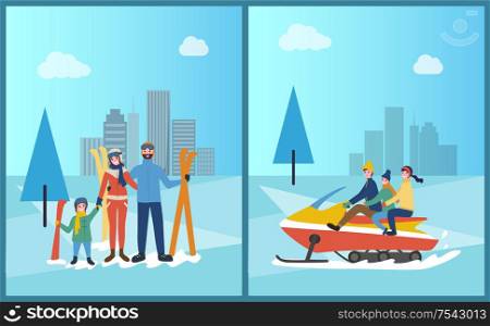 Family snowmobiling skiing in winter park vector. Father mother and children wearing warm clothes, pine tree and cityscape with skyscrapers wintertime. Family Snowmobiling and Skiing in Winter Park