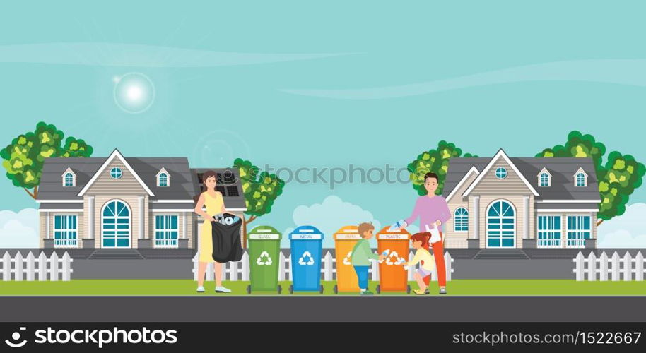 Family sorting garbage into garbage collector on village view background. City waste recycling. Ecology protection concept cartoon, Vector Illustration.