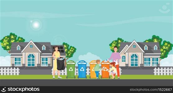 Family sorting garbage into garbage collector on village view background. City waste recycling. Ecology protection concept cartoon, Vector Illustration.