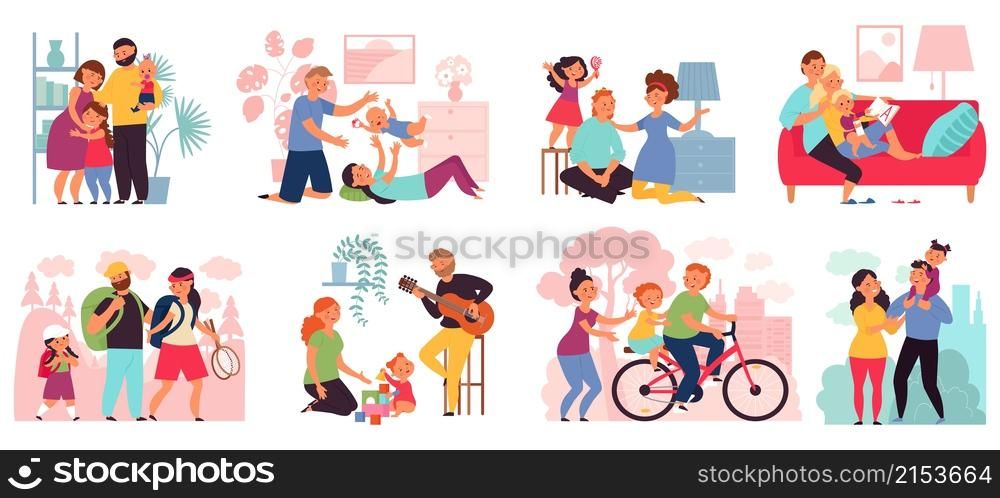 Family spend time together. Happy parents with children, mother father kids walking, ride and play. Cute cartoon people decent vector clipart. Illustration of family together, people with children. Family spend time together. Happy parents with children, mother father kids walking, ride and play. Cute cartoon people decent vector clipart