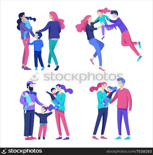 Family spend time together, happy parents with children. Vector people character. Editable outline stroke size. Colorful flat concept illustration.. Family spend time together, happy parents with children. Vector people character