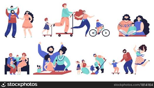 Family spend time together. Parents walking, isolated kids play home and outdoor. Young mother father reading drawing with child vector set. Illustration family together spare time happiness. Family spend time together. Parents walking, isolated kids play home and outdoor. Young mother father reading drawing with child vector set