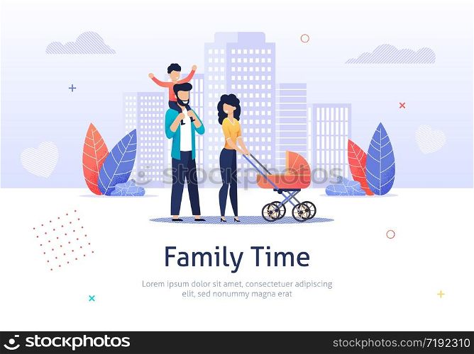Family Spend Time Together Walking with Baby Stroller Banner Vector Illustration. Happy Parents with Children. Man Holding Boy. Characters on Weekend. City Background with Buildings.