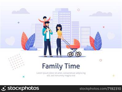 Family Spend Time Together Walking with Baby Stroller Banner Vector Illustration. Happy Parents with Children. Man Holding Boy. Characters on Weekend. City Background with Buildings.